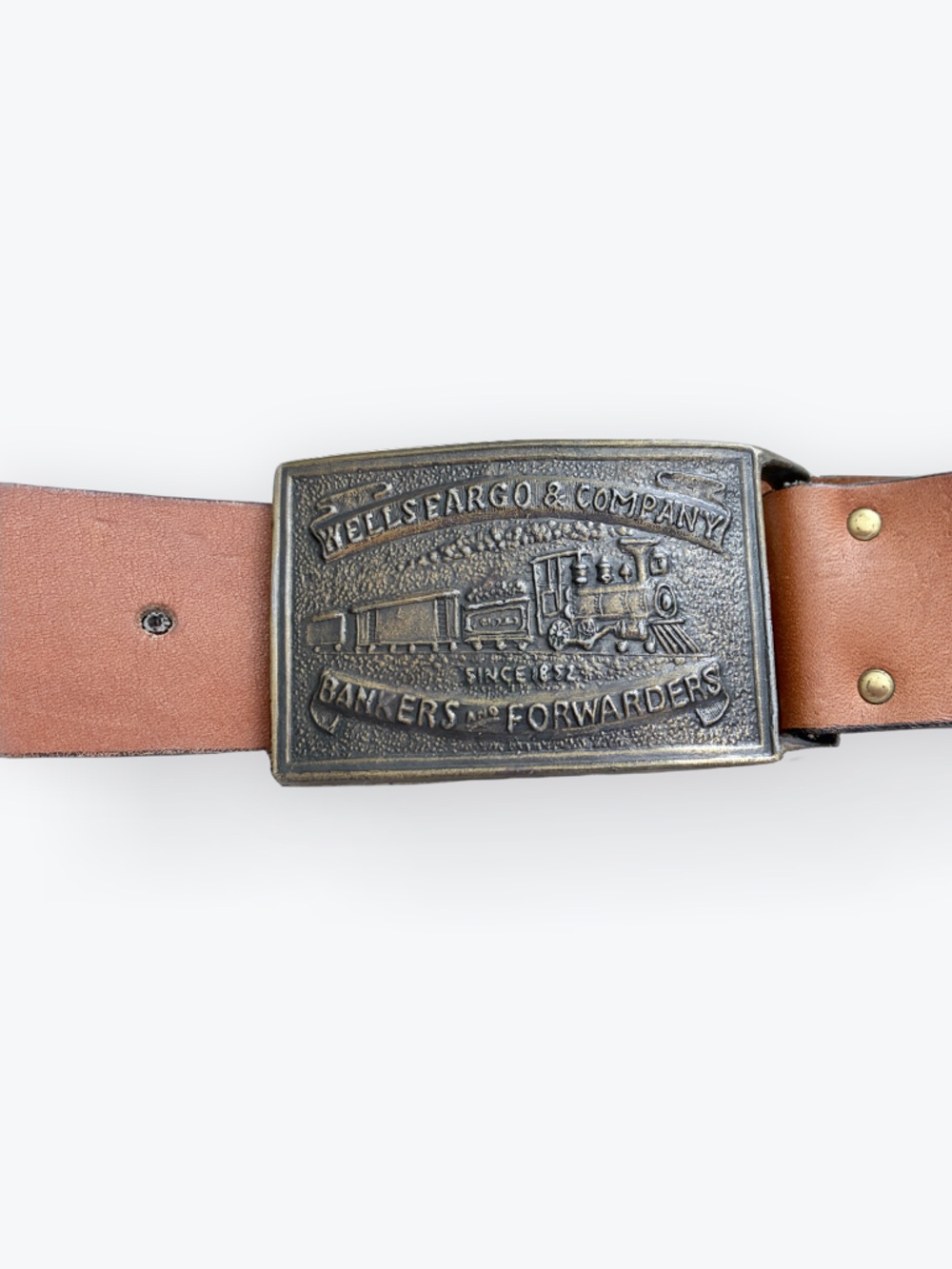 Vintage Wells Fargo Train Buckle and Brown Leather Belt